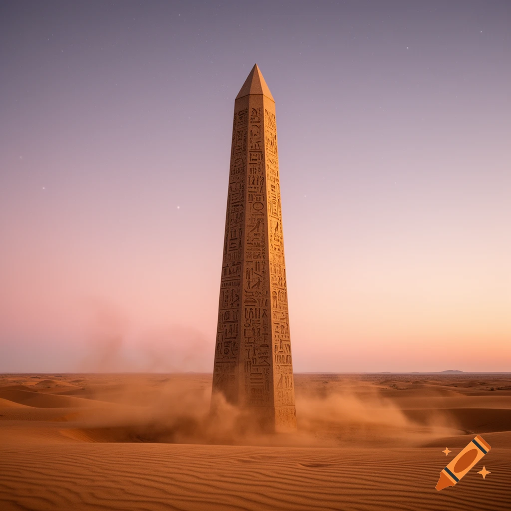 A towering obelisk covered in hieroglyphs rises from a vast, dusty desert under a pink and orange sunset sky.