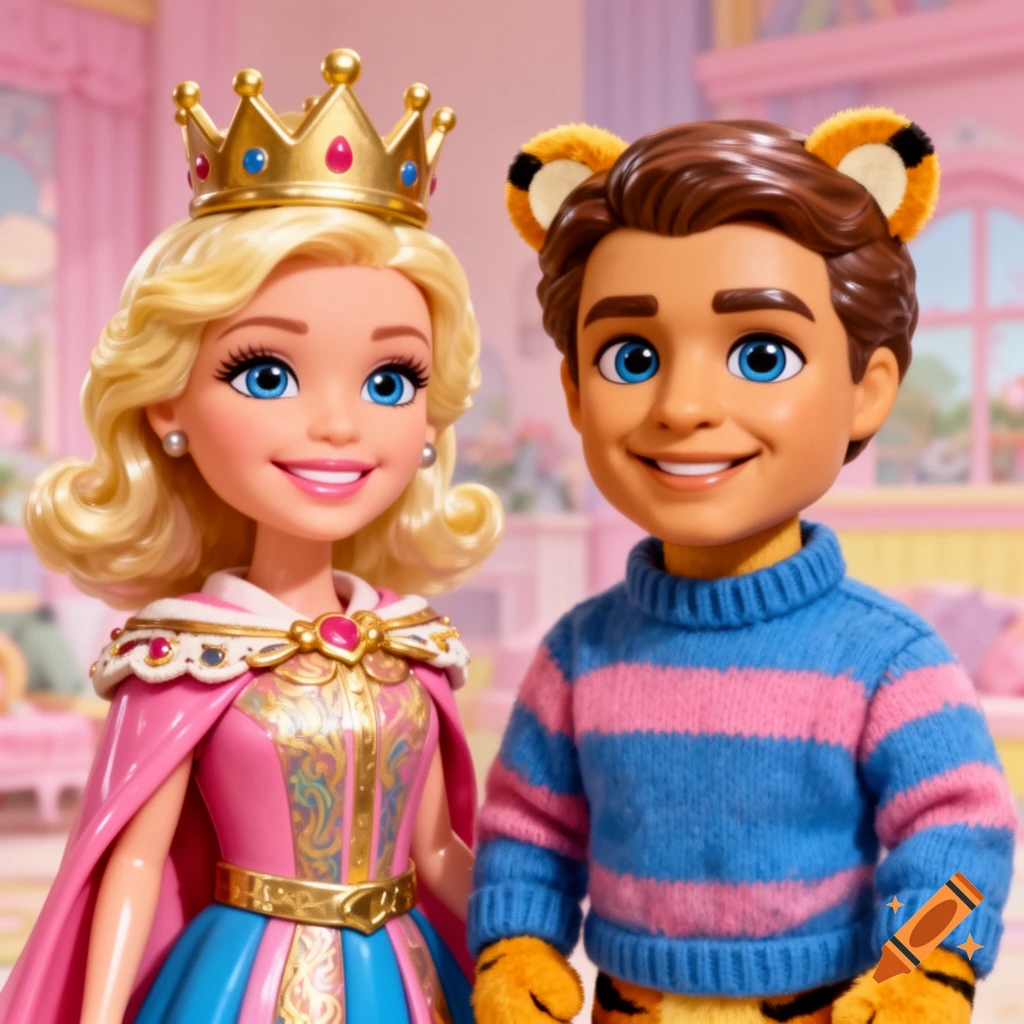 A princess Barbie-style doll and a Ken-style doll with tiger ears and a striped sweater, in a toy room setting.