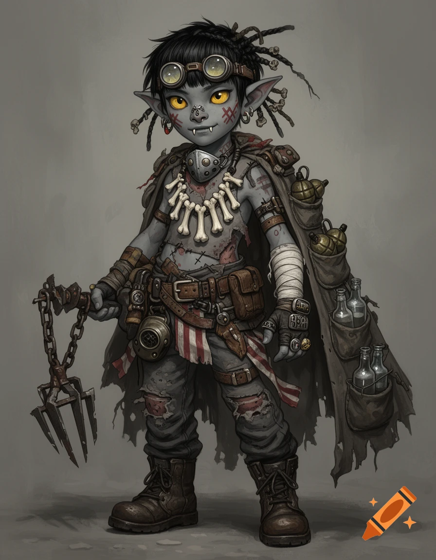 Full-body concept art of a young, gray-skinned goblin with yellow eyes, dreadlocks, goggles, bone necklace, ripped clothes, holding a chained flail.