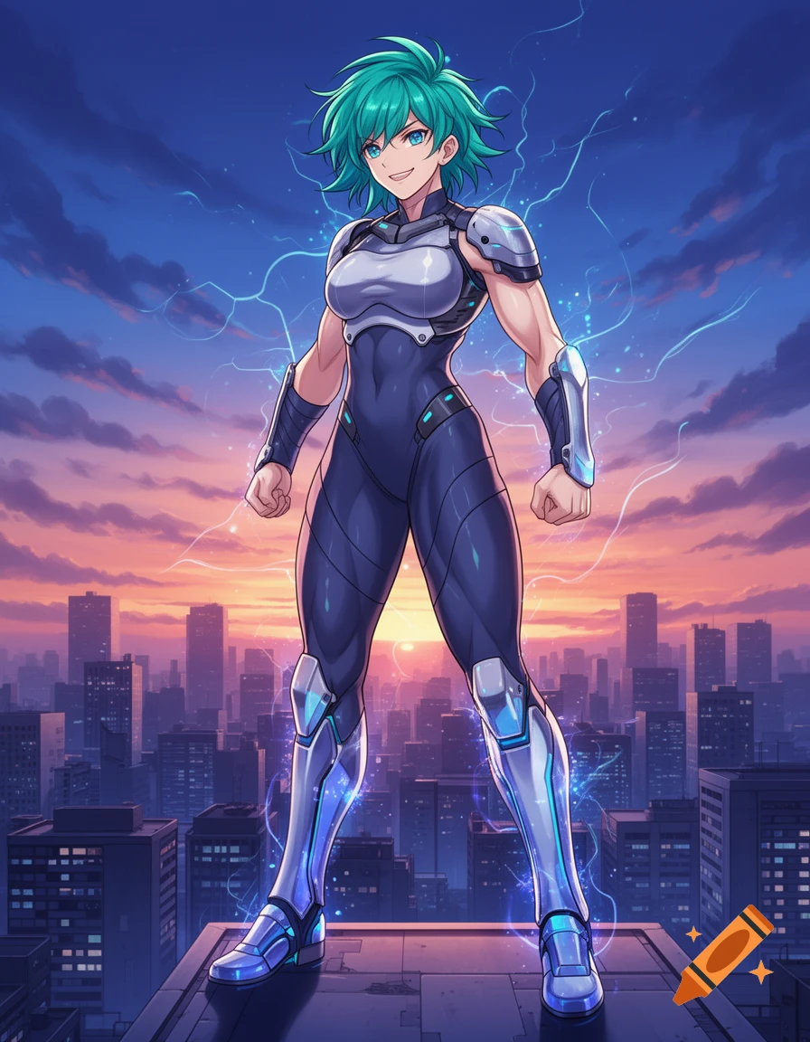 An anime female superhero with green hair and a futuristic dark blue and silver suit stands on a rooftop with a city skyline at sunset.