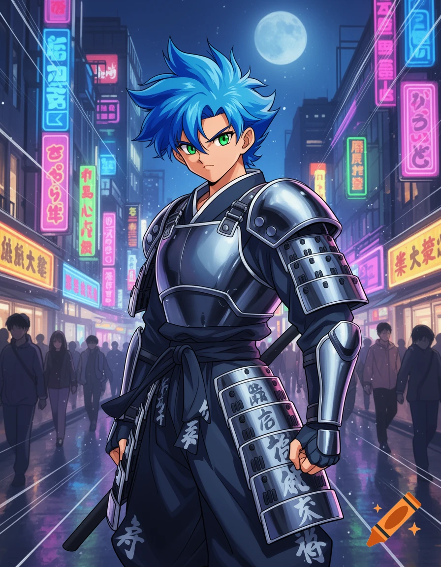 An anime character with blue hair and green eyes in dark samurai armor stands on a neon-lit futuristic city street at night.