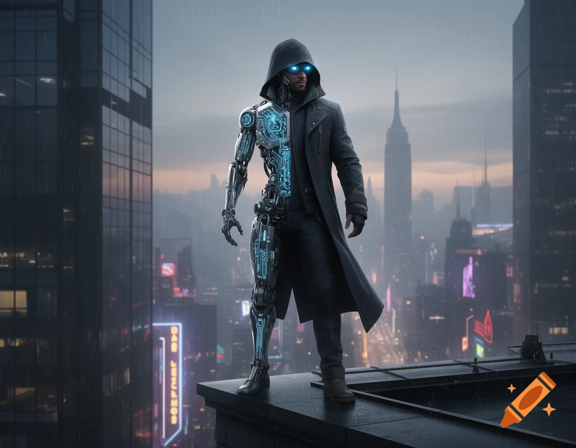 A photorealistic half-robot, half-man in a dark coat and hood with glowing blue eyes stands on a rainy cyberpunk city rooftop.