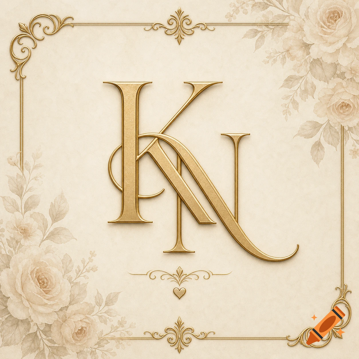 Elegant gold K and N monogram on a cream background with ornate floral borders and rose illustrations, in a wedding invitation style.