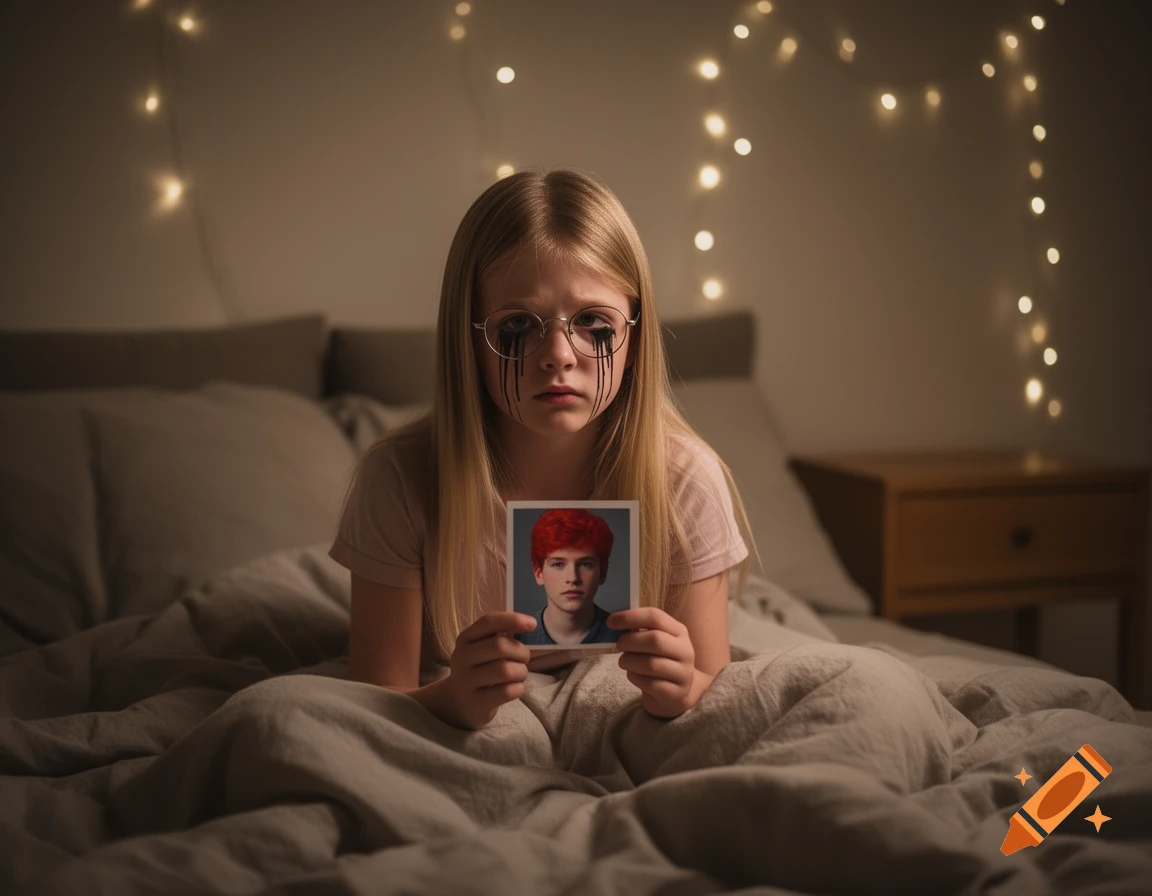 A young blonde girl in glasses with smeared mascara lies in bed, looking sad while holding a photo of a red-haired boy. Fairy lights adorn the background.