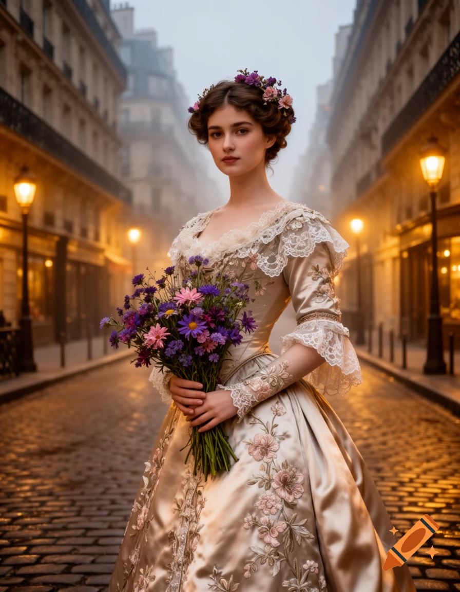A noble lady in an ornate historical dress, holding a bouquet of flowers, stands on a cobblestone street at dusk.