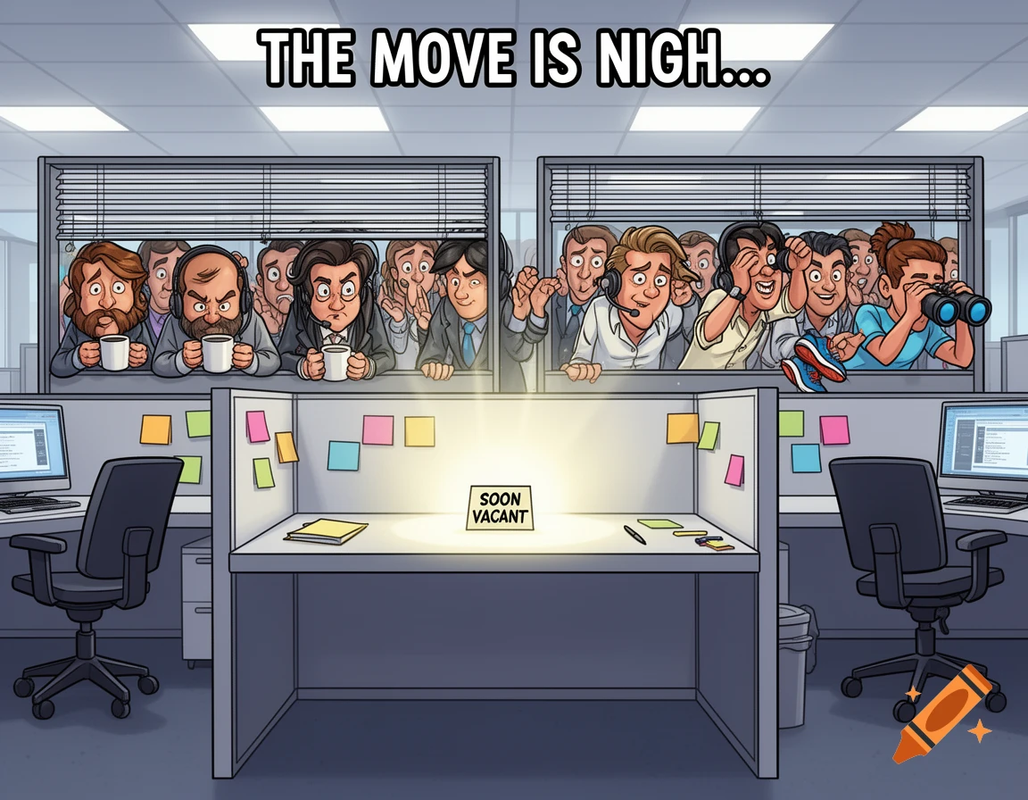 Humorous cartoon of exaggerated office workers peeking over cubicles at a glowing empty desk with a 'SOON VACANT' sign, under the caption 'THE MOVE IS NIGH...'.
