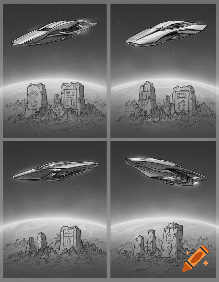 A 2x3 grid of grayscale concept art sketches showing different futuristic spaceships flying above a planet with ancient ruins and carved glyphs.