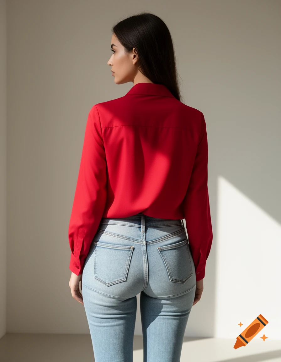 Back view of a woman wearing a vivid crimson shirt and tight light wash jeans, standing against a neutral wall with soft shadows.