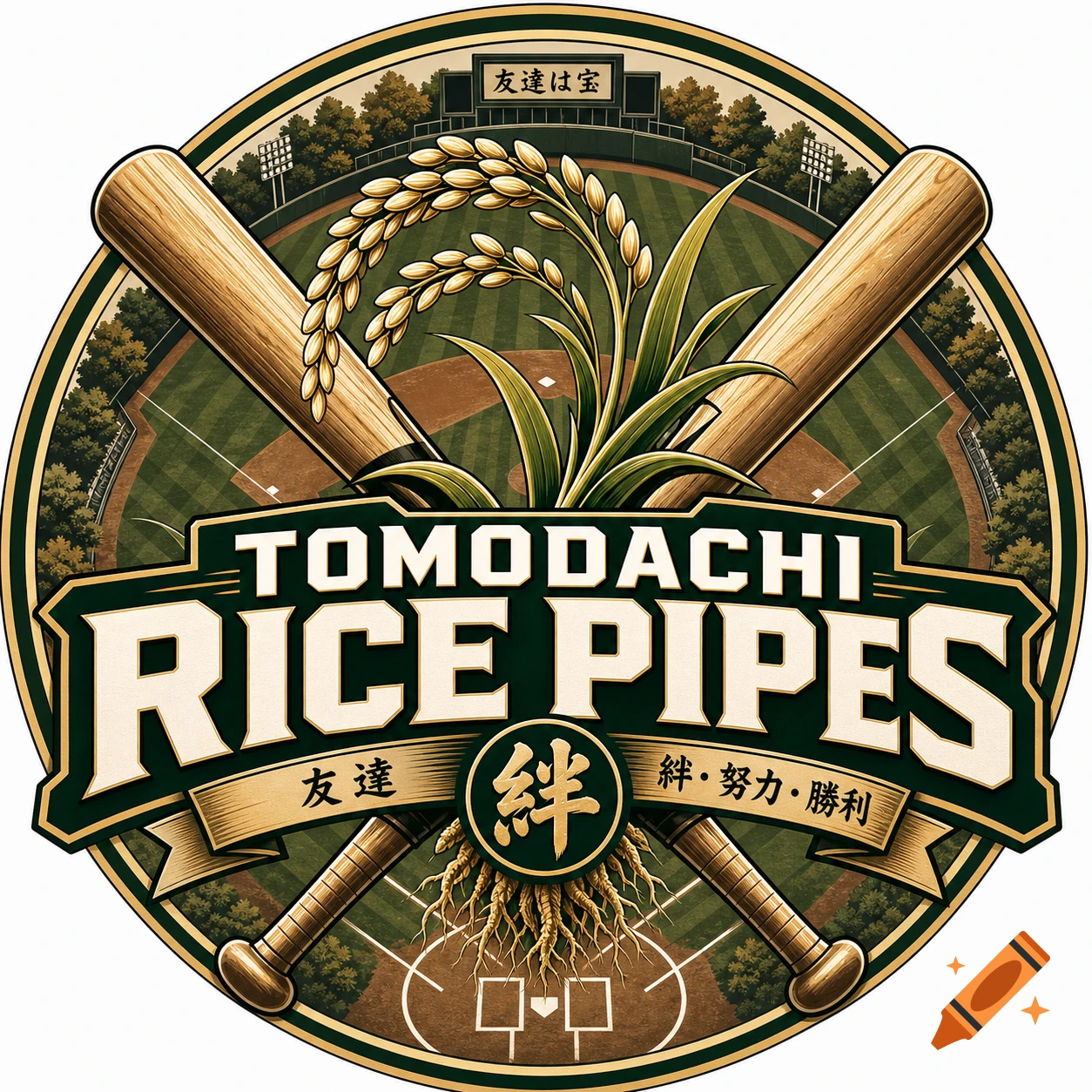 A circular logo for "Tomodachi Rice Pipes" Japanese baseball team, featuring crossed bats, a rice stalk, a baseball field, and Japanese text.