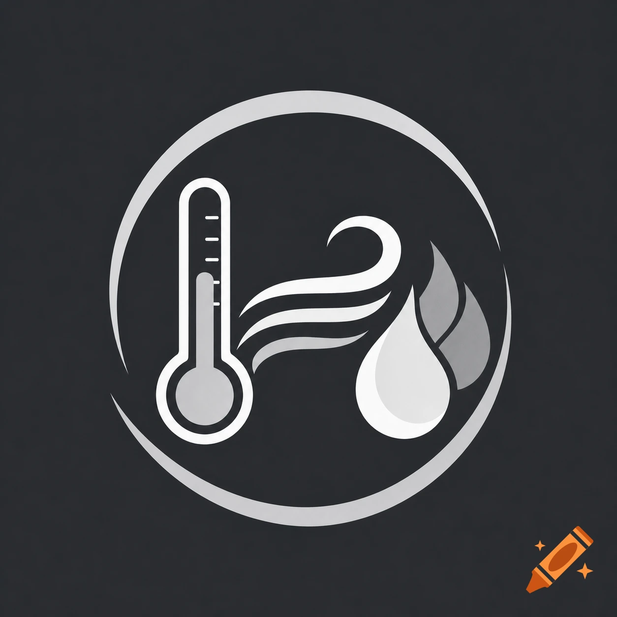 An icon depicting a thermometer, swirling air, a water drop, and flames, all enclosed within a circular frame in shades of gray.