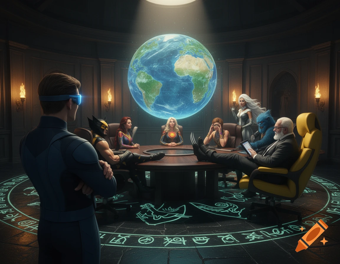 Several X-Men characters, including Cyclops, Wolverine, Storm, Beast, and Jean Grey, gather around a table with a holographic globe above them in a dimly lit war room with glowing symbols on the floor.