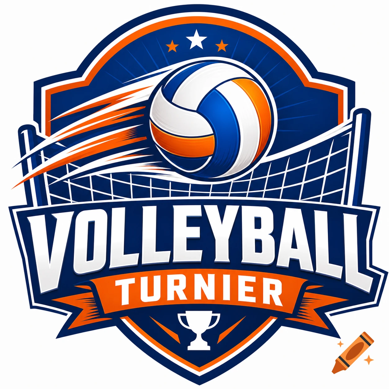 A blue and orange volleyball tournament logo featuring a volleyball, net, stars, and a trophy, with text 'VOLLEYBALL TURNIER'.