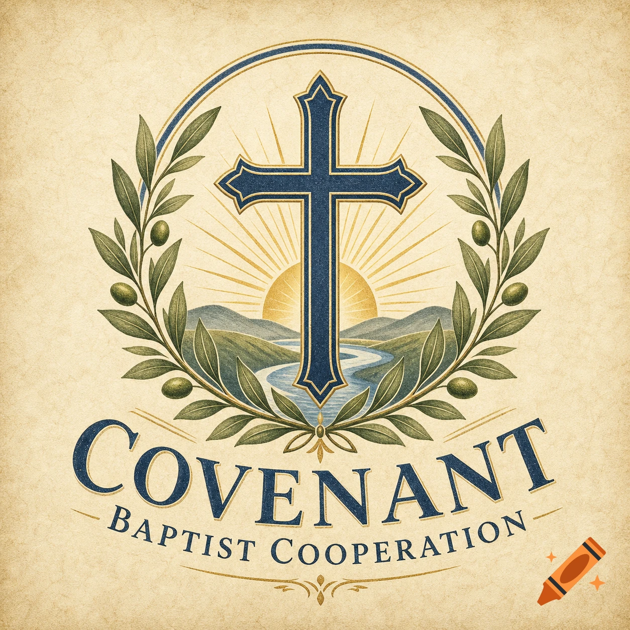 Vintage-style Christian logo featuring a blue cross, sun, mountains, river, olive branches, and 'Covenant Baptist Cooperation' text.