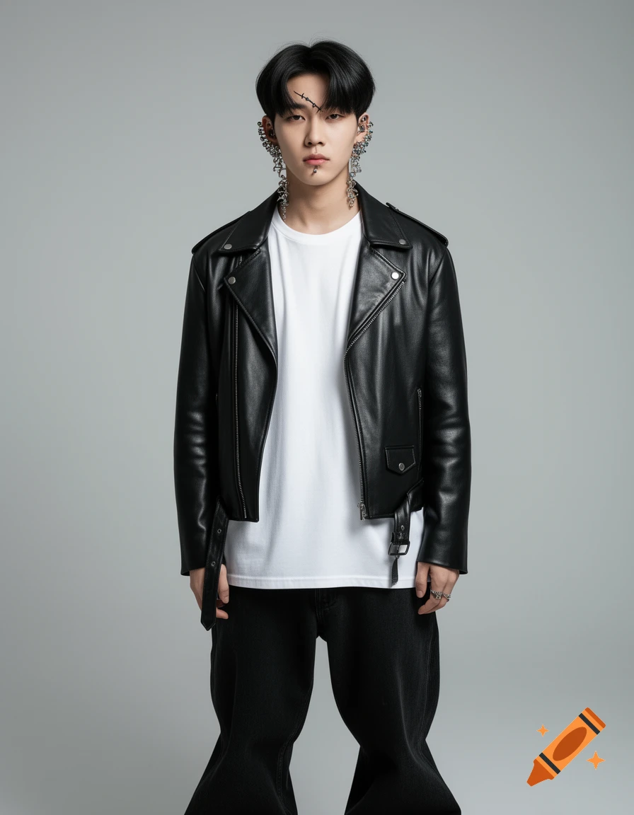 A male model with dark hair, a lip piercing, and a scar over his eye, wears a black leather jacket, white t-shirt, and baggy black jeans, against a grey background.