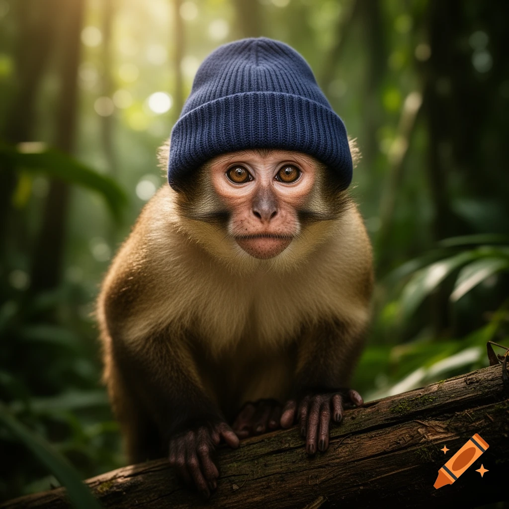 A macaque monkey wearing a blue beanie sits on a tree log in a jungle, looking at the viewer. Photorealistic.