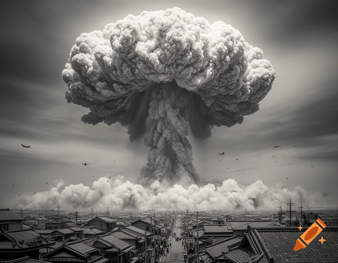 A massive, towering mushroom cloud looms over a densely packed Japanese cityscape, depicted in a dramatic black and white photograph.