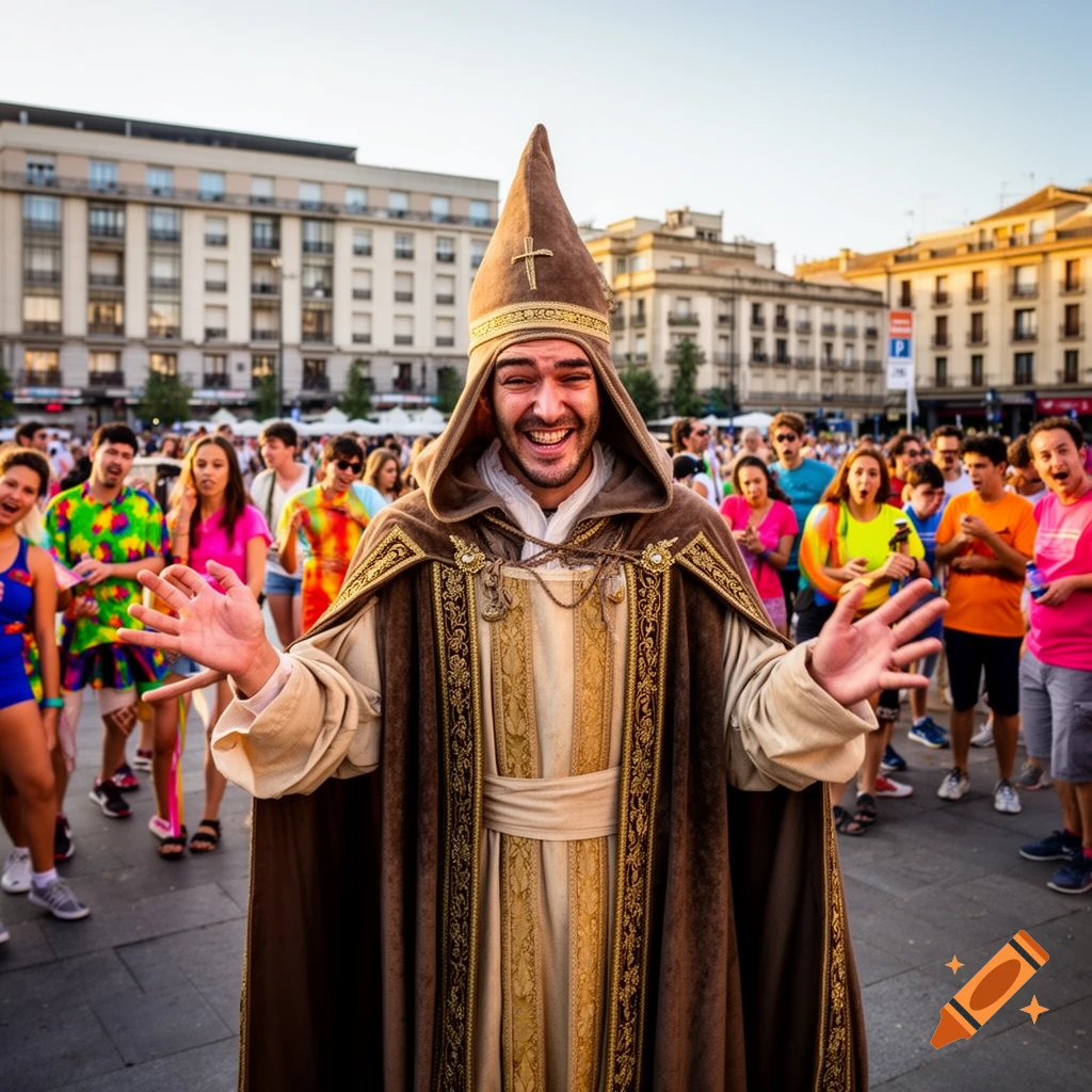 A man in a brown and gold hooded robe and a pointed hat with a cross, smiling broadly in a crowd at an outdoor event.