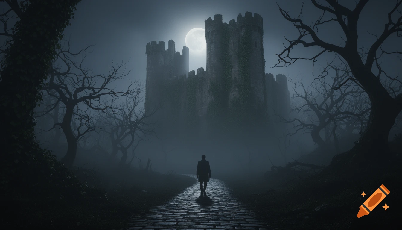 A lone figure walks on a cobblestone path towards a massive, ivy-covered medieval castle ruin under a full moon and dense fog, surrounded by dead trees.