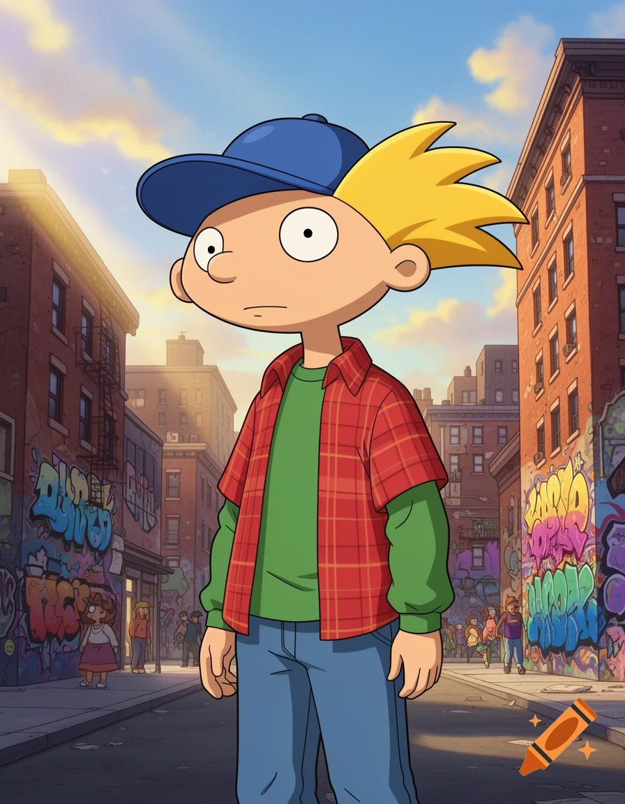 Cartoon character Arnold stands in a city street with graffiti-covered buildings under a sunny sky.