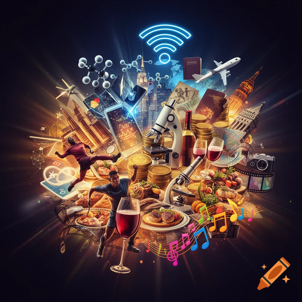 Vibrant abstract collage on black background, showcasing icons of technology, travel, food, sports, science, economics, and entertainment.