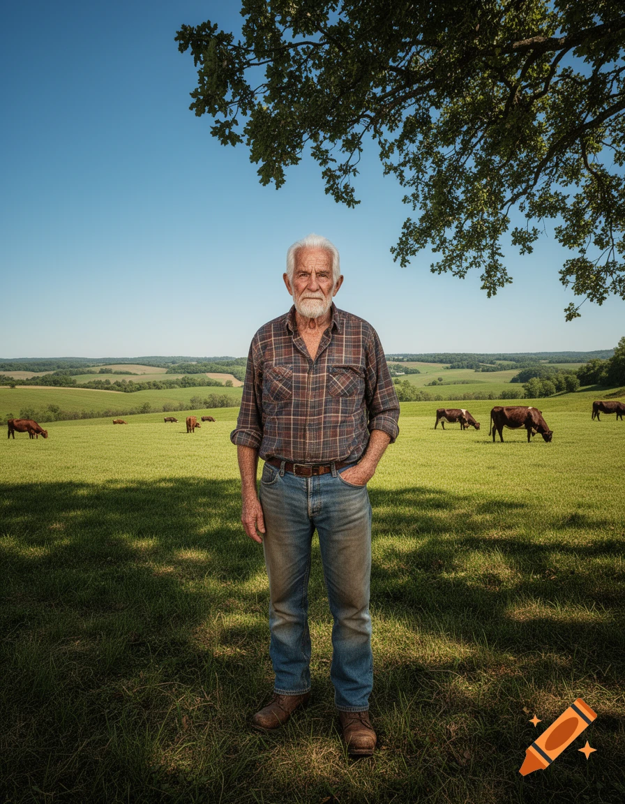 A photorealistic image of an old farmer with white hair and a beard standing in a green pasture with cows grazing in the background, under a clear blue sky with a tree branch overhead.