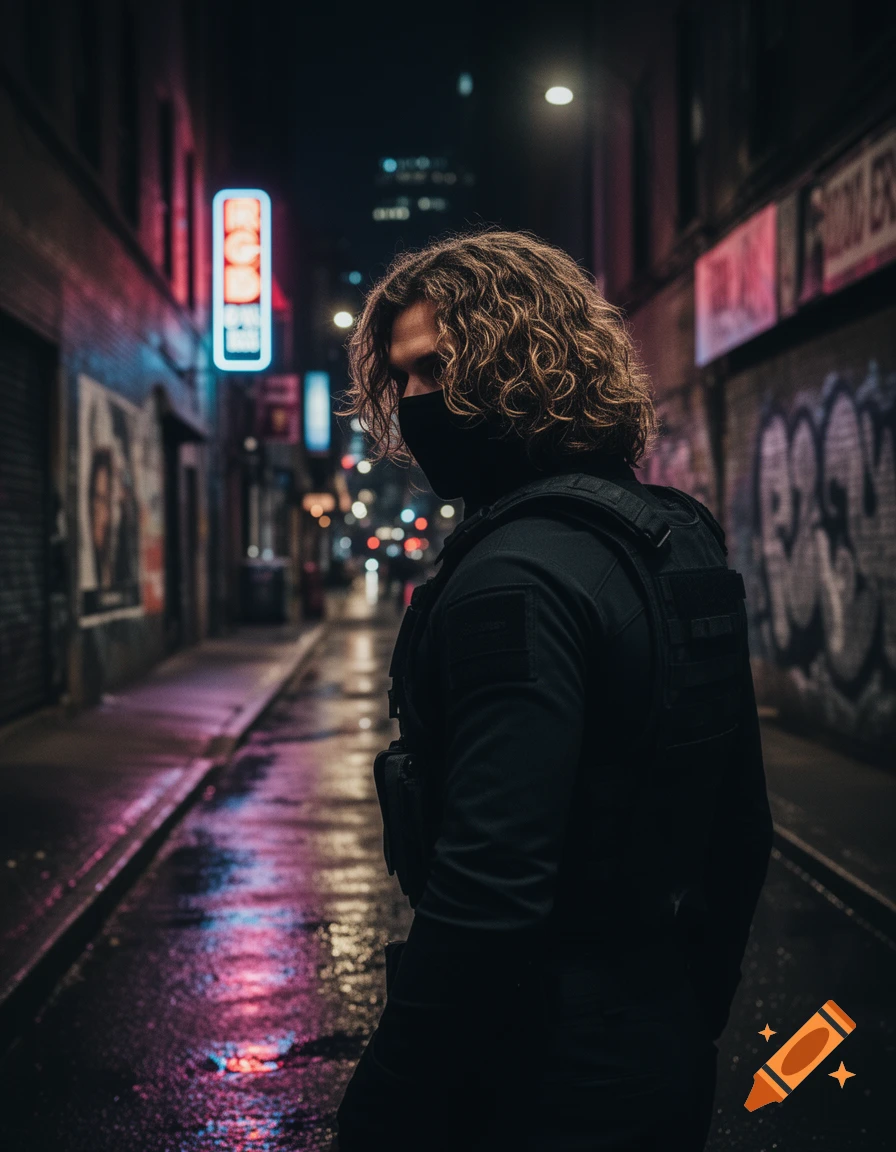 A person with curly hair and a black mask, wearing tactical gear, stands in a dark, wet urban alley illuminated by neon lights.