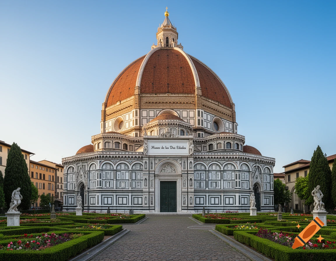 View of the Florence Cathedral (Duomo) with its iconic red-tiled dome, white and green marble facade, and surrounding manicured gardens under a clear blue sky.