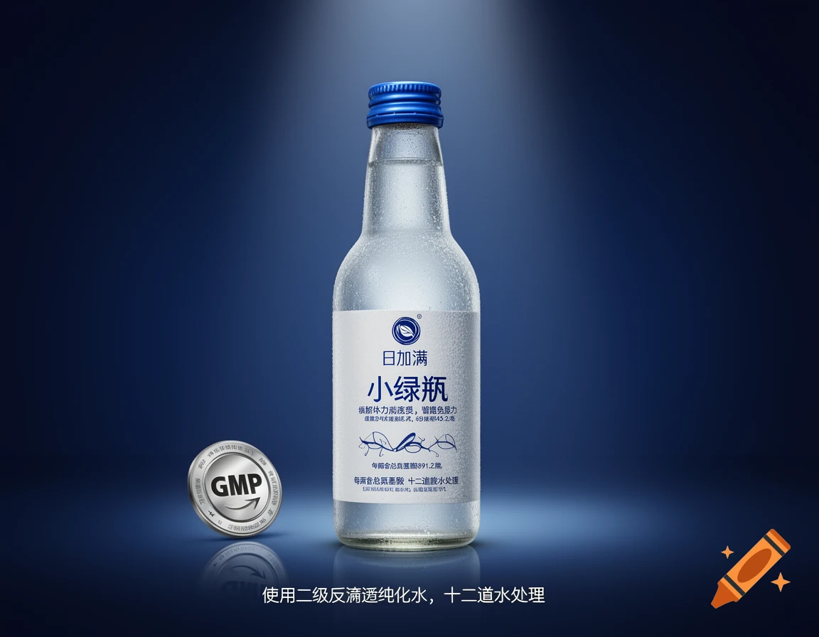 A cold, dewy glass bottle of '日加满 小绿瓶' functional drink with a blue cap and white label, next to a silver GMP medal on a dark blue background.
