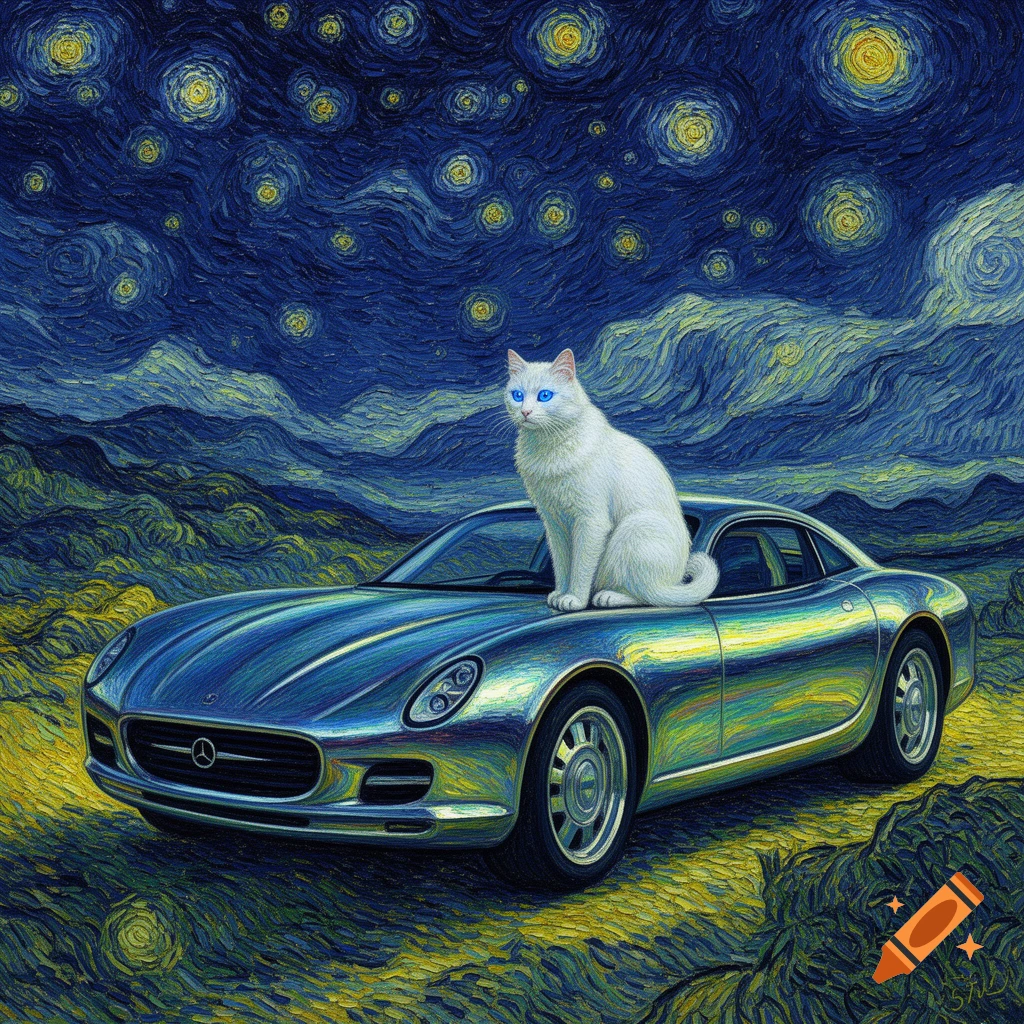 A white cat with blue eyes sits on a blue futuristic car, painted in the swirling, vibrant style of Vincent van Gogh.