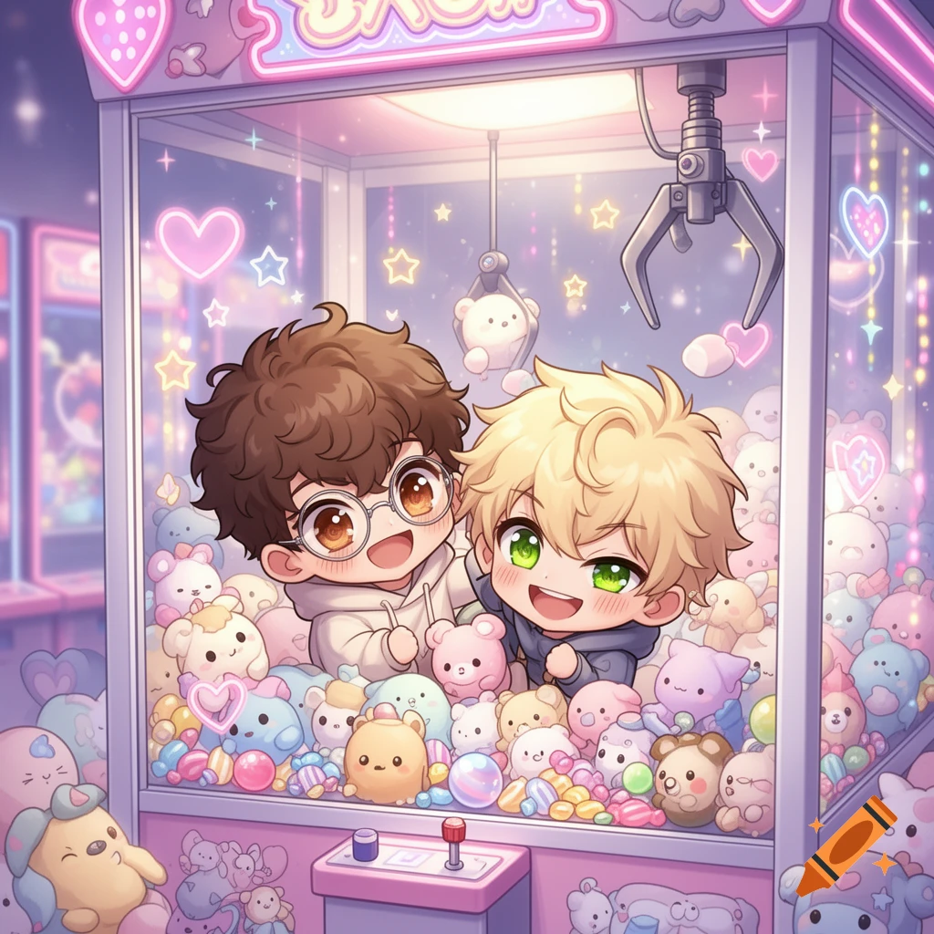 Two adorable chibi boys with expressive eyes inside a colorful claw machine, surrounded by pastel plushies and candies in a dreamy anime style.