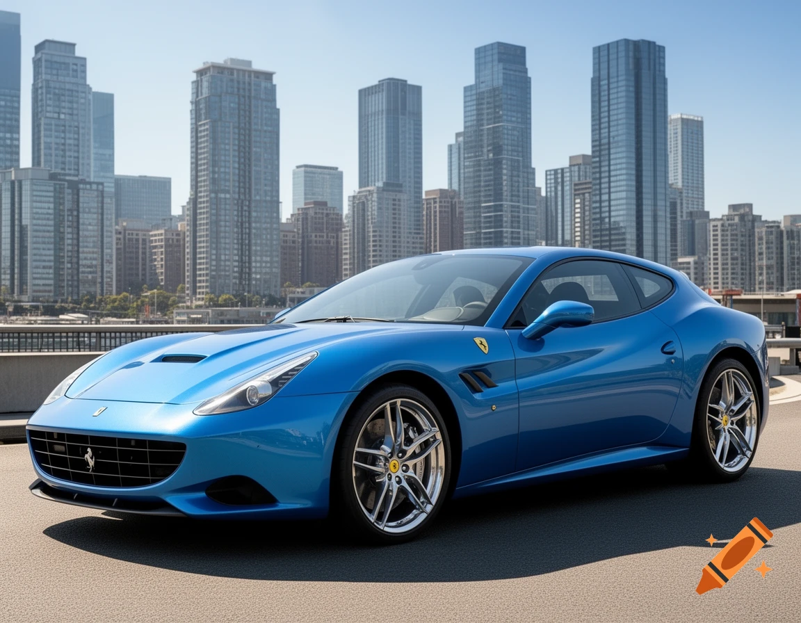 A sleek blue sports car, a Ferrari, parked on an asphalt road with a city skyline in the background under a clear sky.