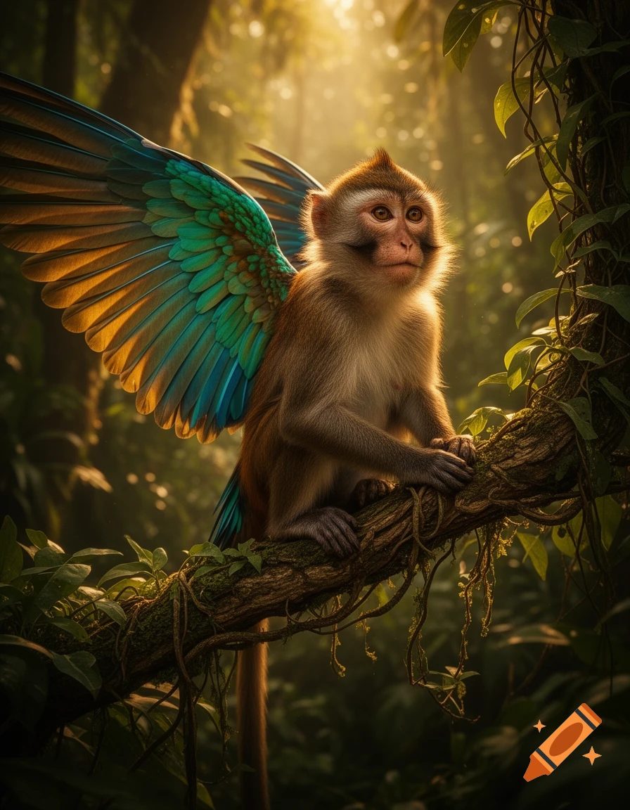 A monkey with vibrant blue and green bird wings sits on a mossy branch in a sunlit jungle, looking ahead.