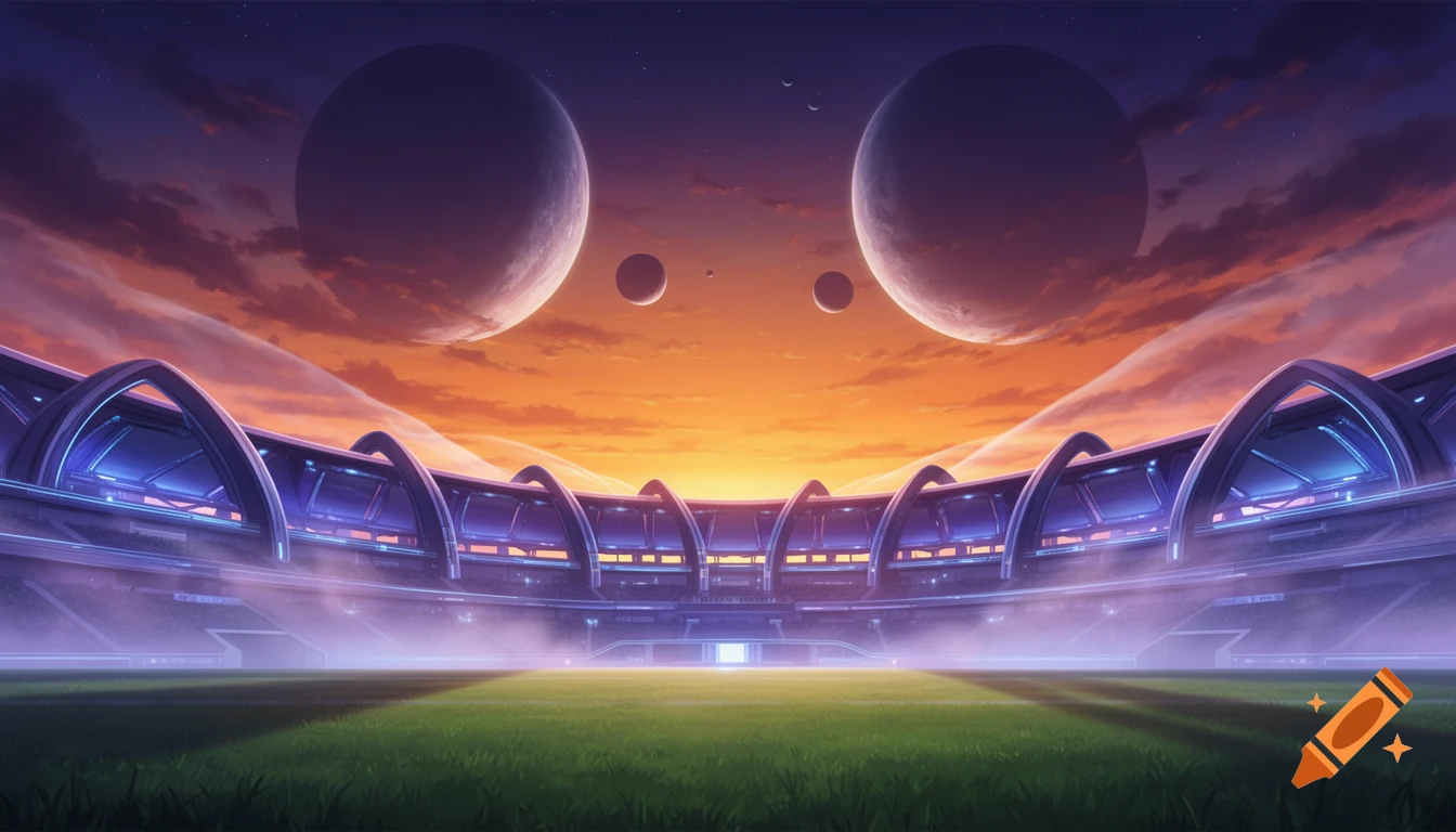 A futuristic stadium with a green field under an orange and purple sunset sky featuring multiple alien planets, in an anime art style.