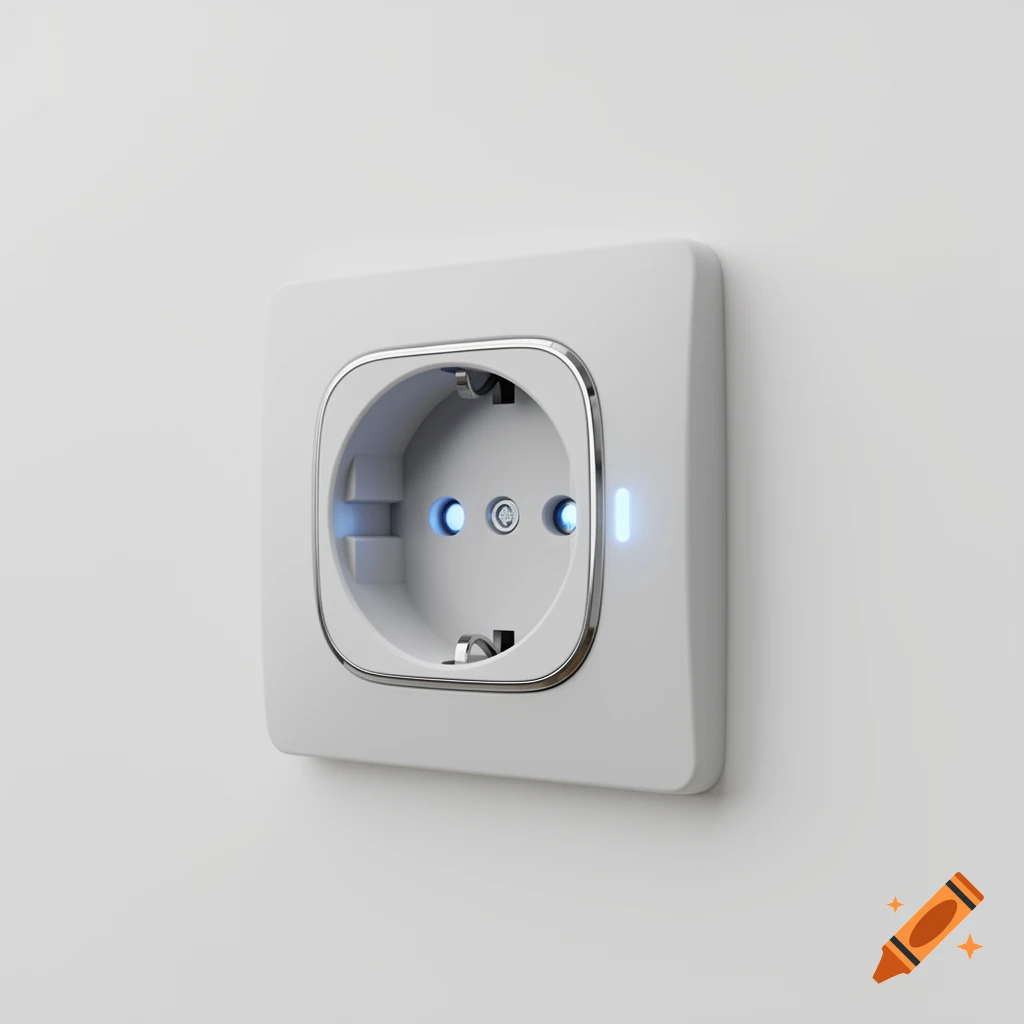 Photorealistic 3D render of a white wall power socket with a chrome rim and soft blue LED lights.