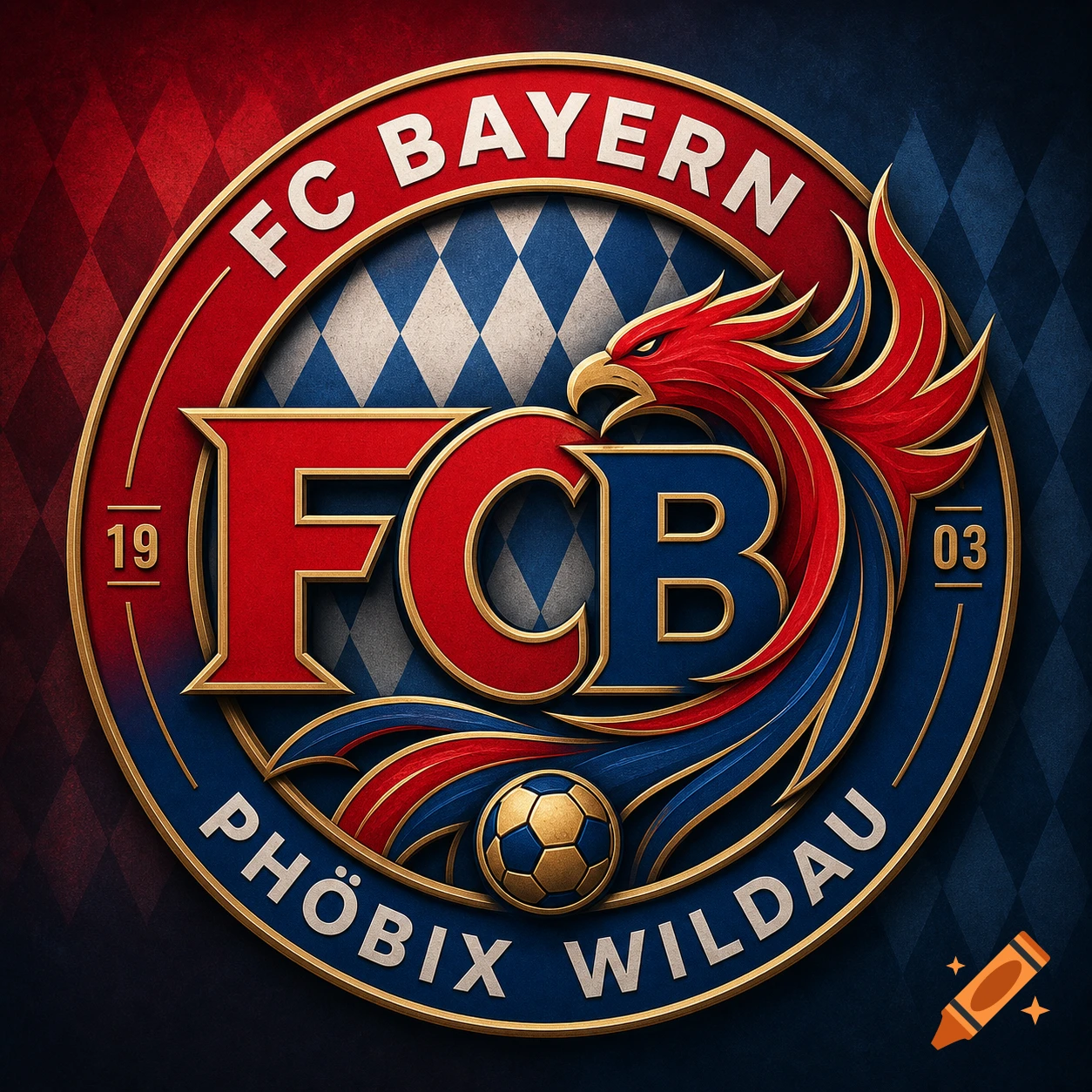 A detailed, embossed sports logo featuring FC Bayern and Phöbix Wildau elements with a red eagle and a golden soccer ball.