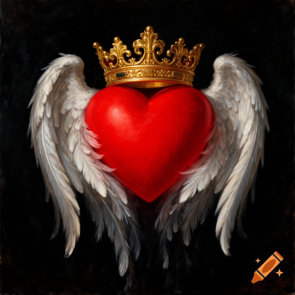 A vibrant red heart with white feathered wings and a golden crown, painted in an oil style on a black background.