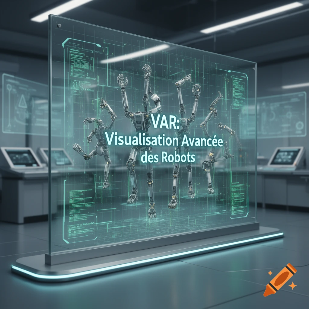 Holographic display in a futuristic lab showing robot bodies and text 'VAR: Visualisation Avancée des Robots'.