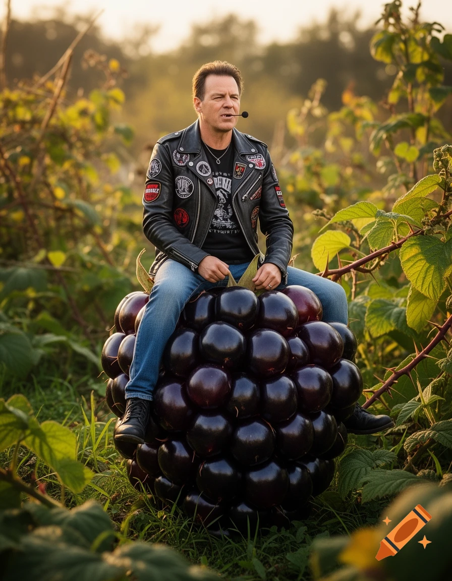 A man in a leather jacket and jeans sits atop a giant blackberry in a field at sunset.