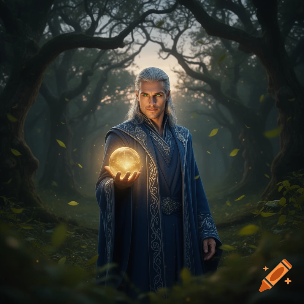 A serious-looking male wizard with long white hair and a blue robe holds a glowing golden orb in an enchanted forest.