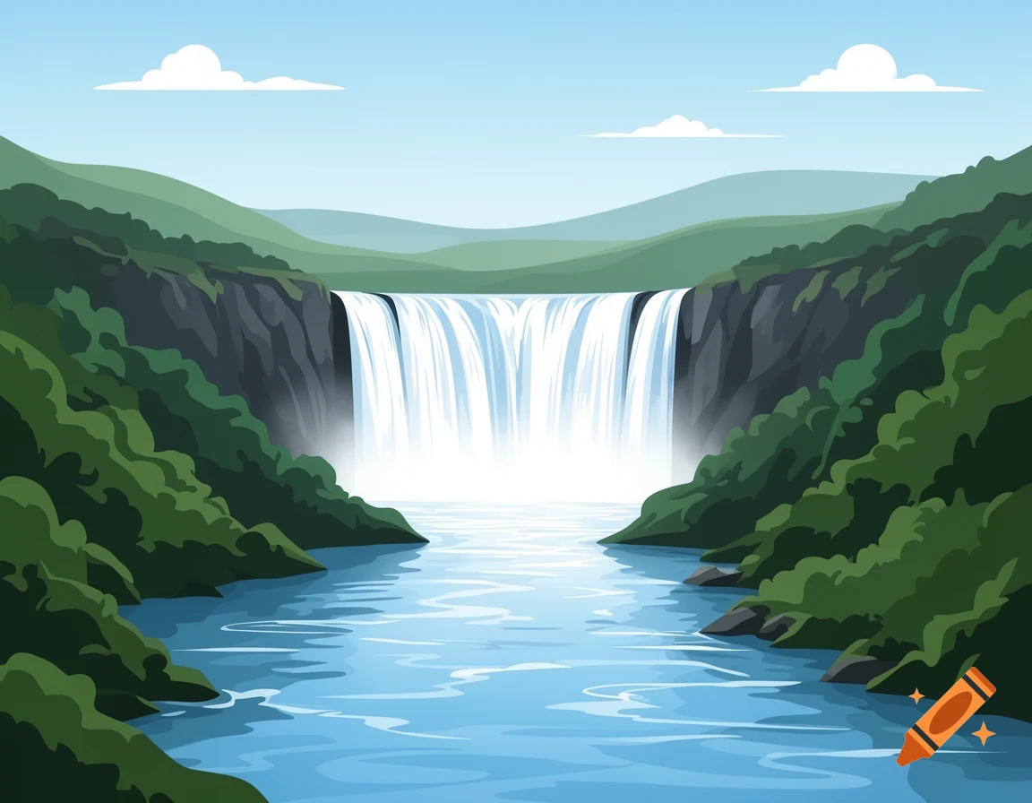 Stylized illustration of a powerful waterfall cascading into a river, surrounded by green hills under a blue sky.