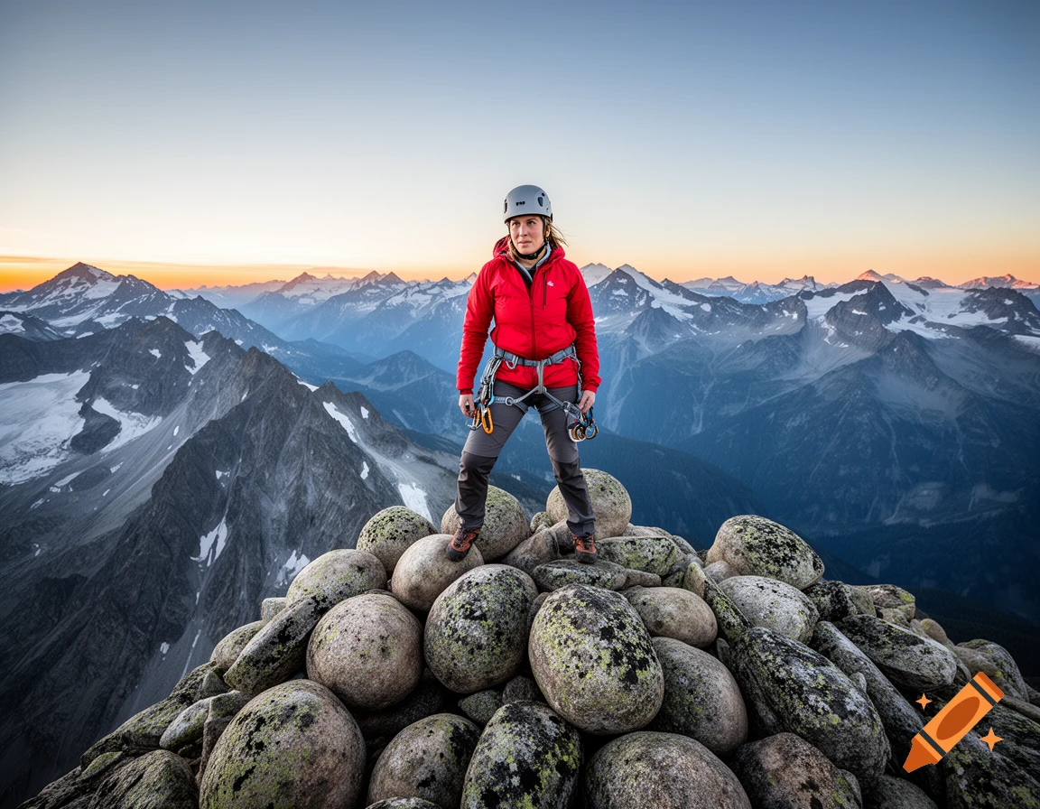 A determined female mountain climber stands on a pile of round boulders, overlooking a vast, snow-capped mountain range at sunset.