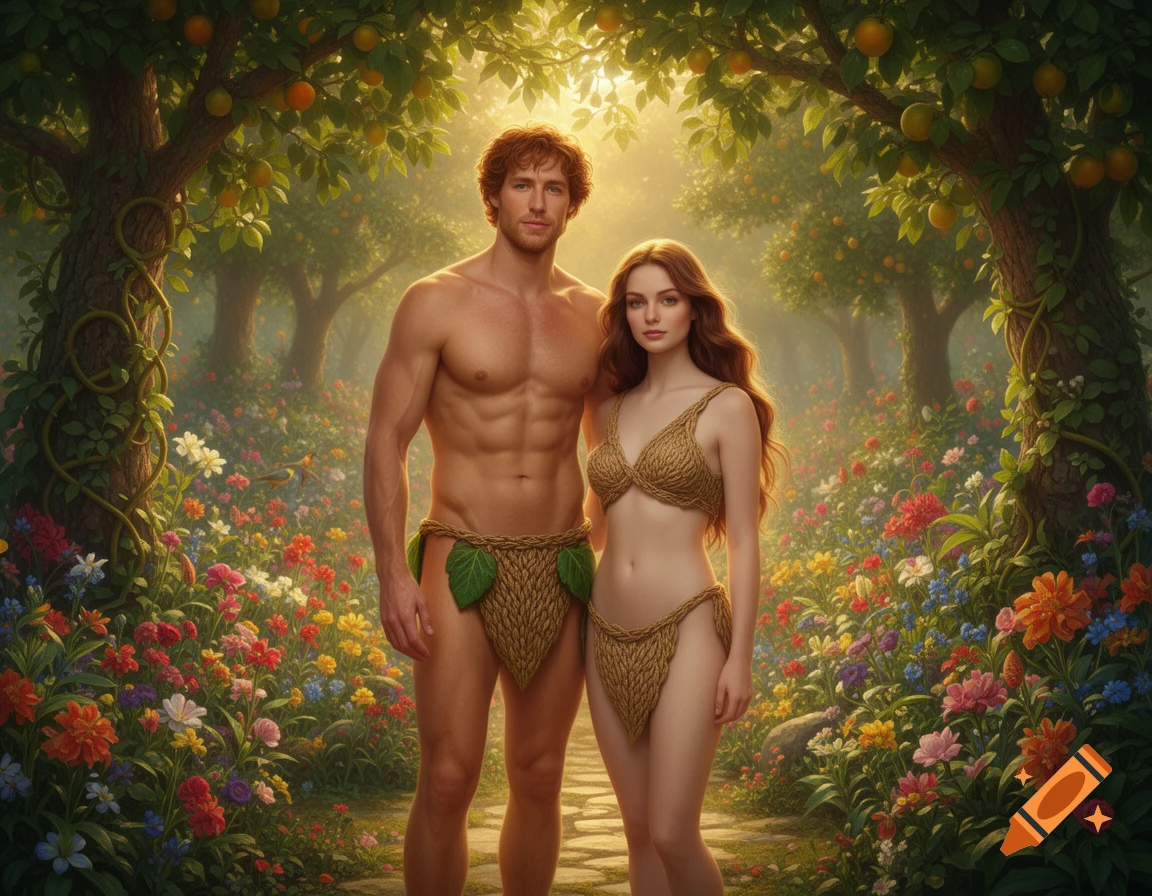 Adam and Eve, clad in leaf garments, stand in a lush, sunlit Garden of Eden filled with colorful flowers and fruit trees. Photorealistic style.