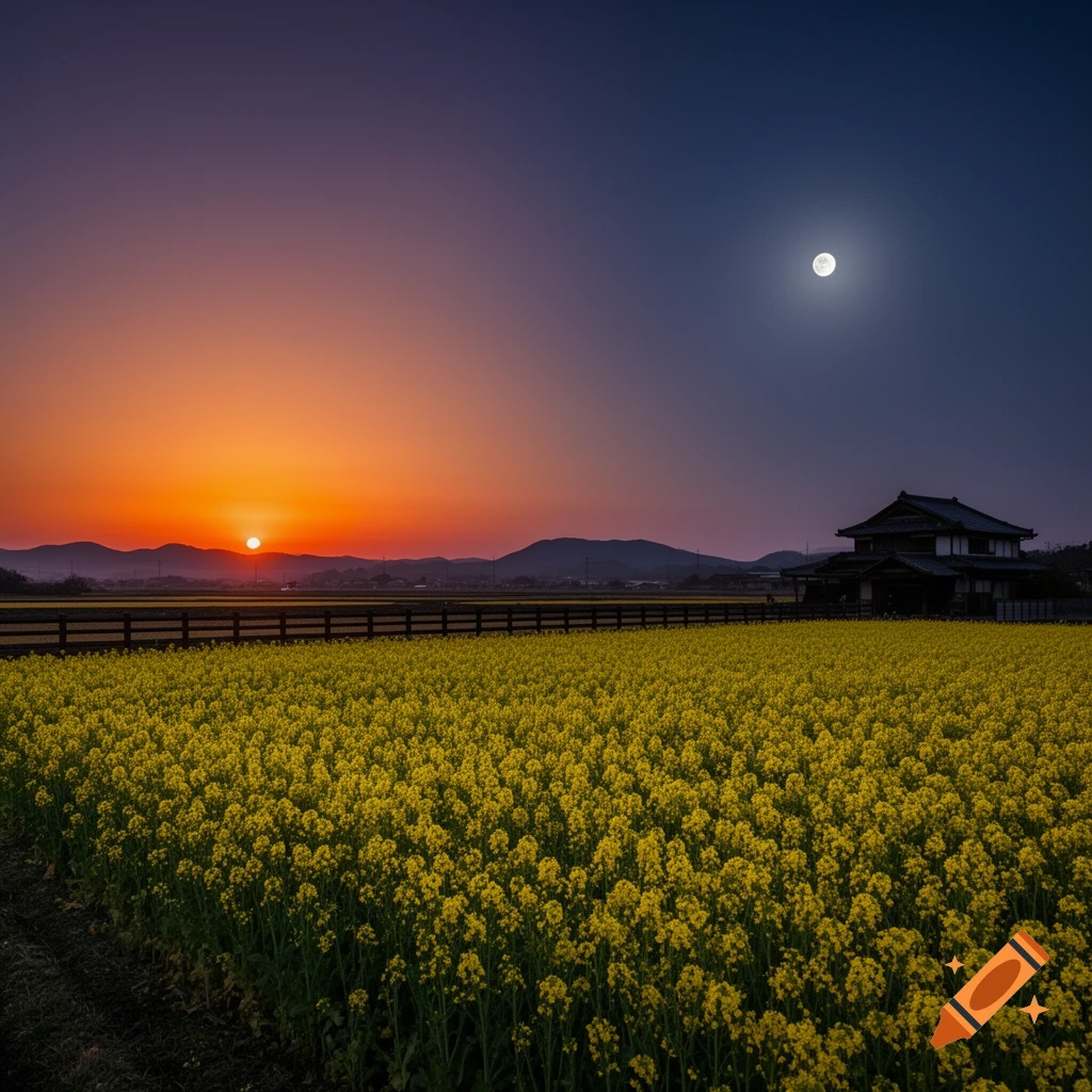 A field of vibrant yellow flowers stretches towards mountains, under a twilight sky where the sun sets and the moon rises simultaneously, with a traditional Japanese house on the right.