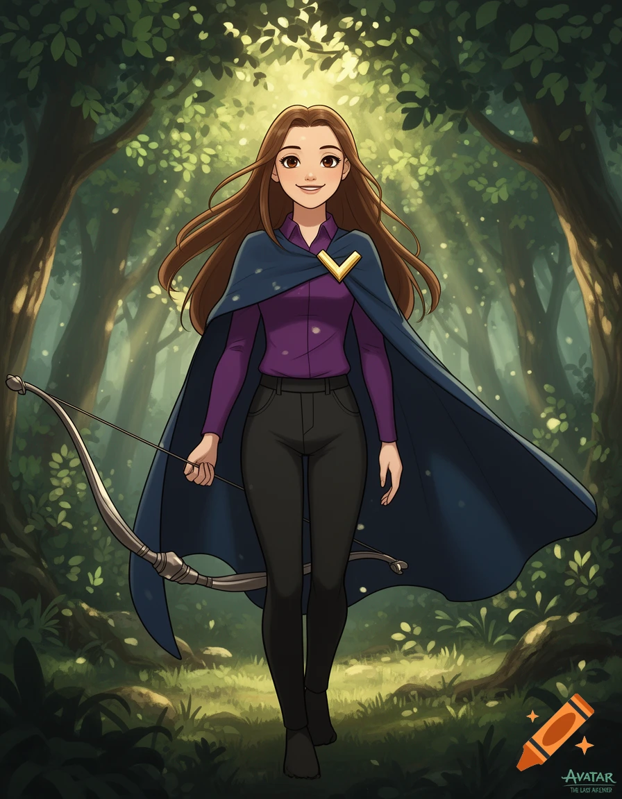 A smiling young woman with brown hair and a blue cape holds a bow while walking through a sunlit forest, in an animated style.