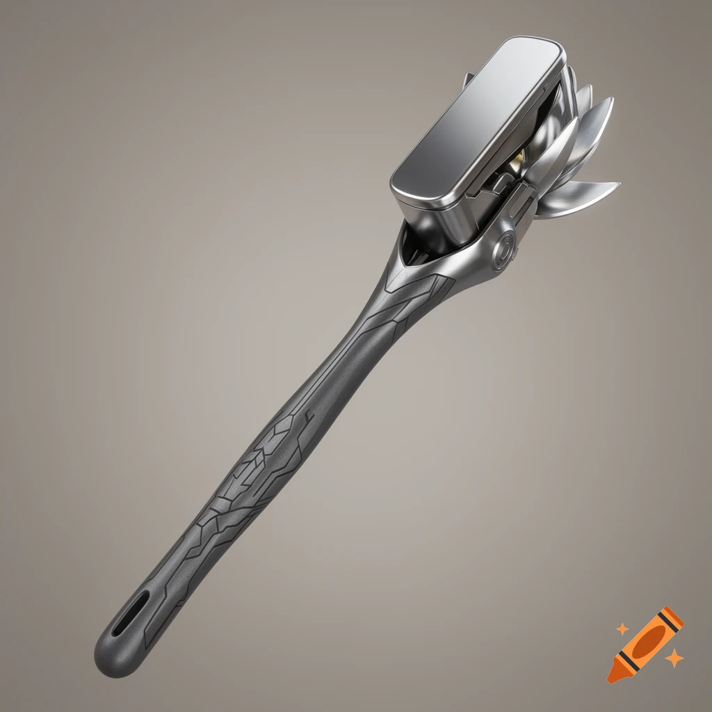 A sleek, dark gray futuristic trash picker tool with geometric patterns and a silver, box-like tip surrounded by metallic petals.