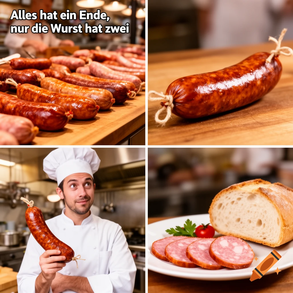 Four panels display sausages: rows of sausages with German text, a tied sausage, a chef holding a sausage, and sliced sausage with bread.