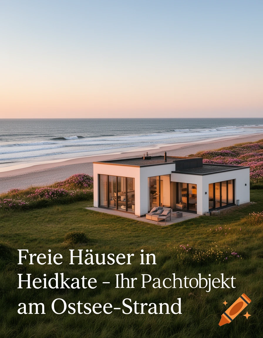 Modern white house on a grassy dune by a sandy beach and ocean at sunset, with German text overlay.
