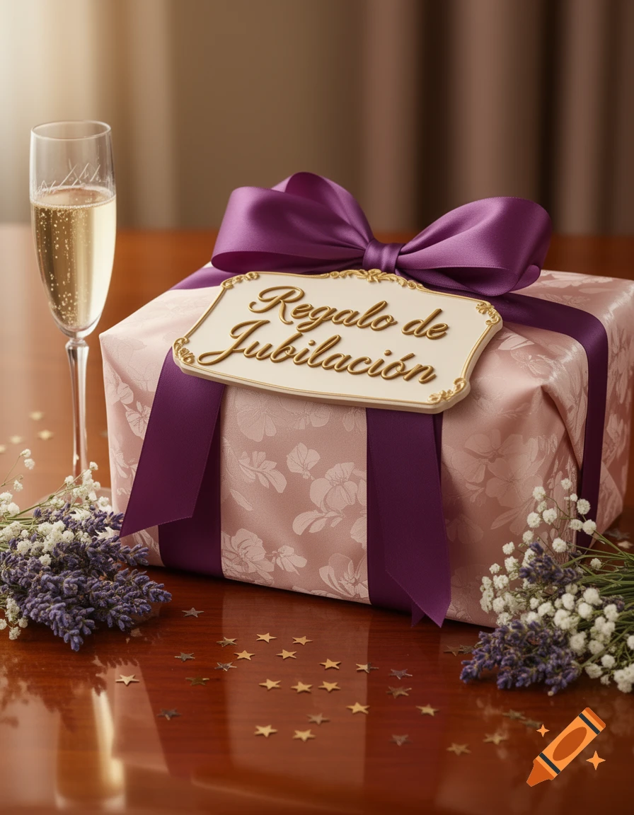 A pink floral gift box with a purple ribbon and 'Regalo de Jubilación' label, a champagne glass, flowers, and gold stars on a table.