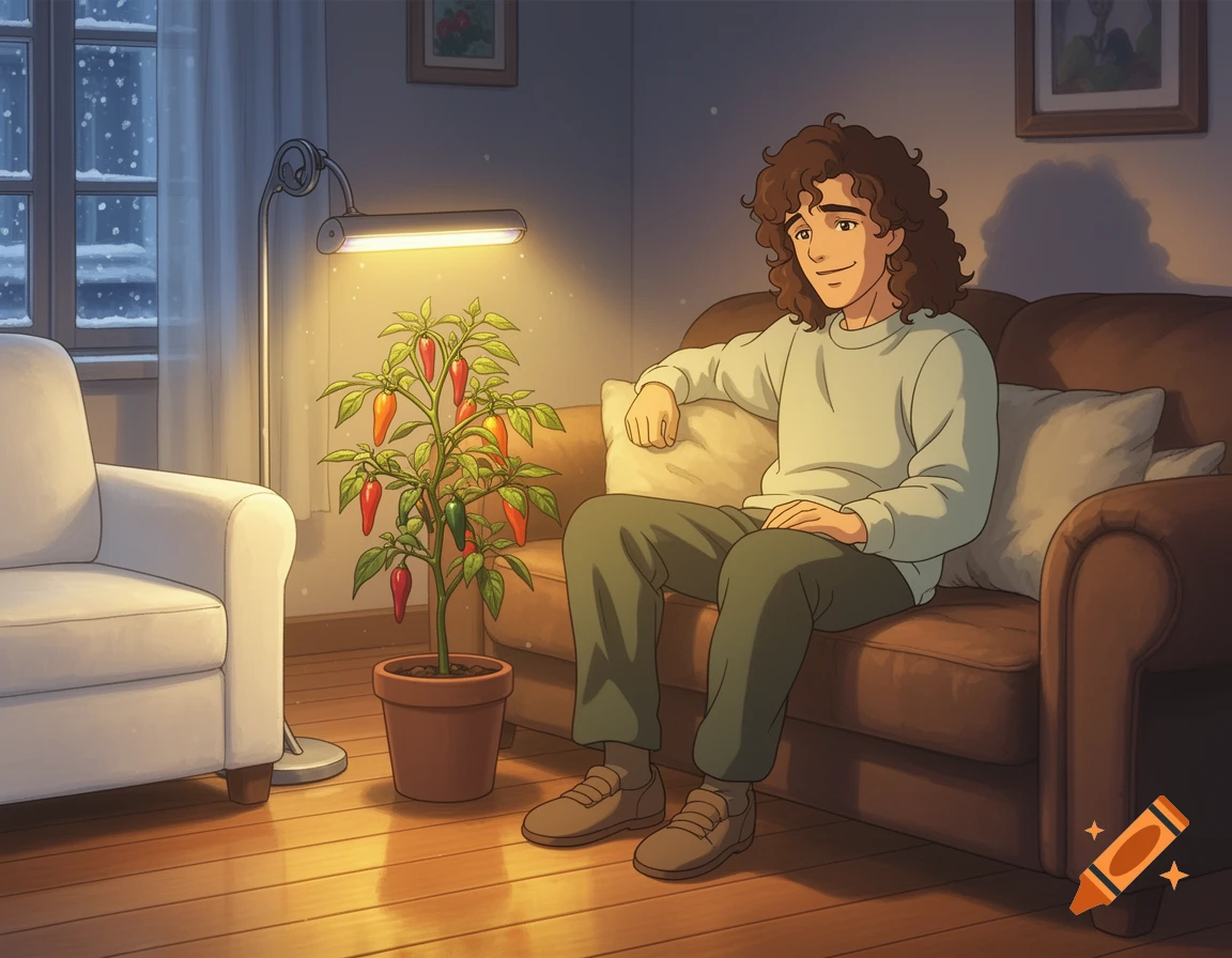 An anime-style man with curly hair sits on a brown sofa next to a potted chili plant under a grow light in a cozy living room during winter.