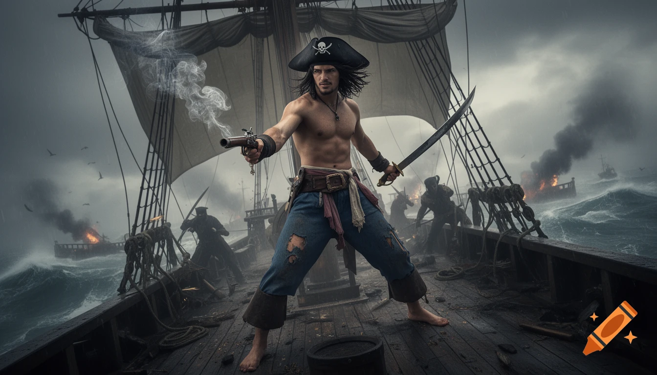 Muscular pirate captain in a black hat and ripped blue pants stands on a ship deck, holding a pistol and cutlass during a stormy naval battle.